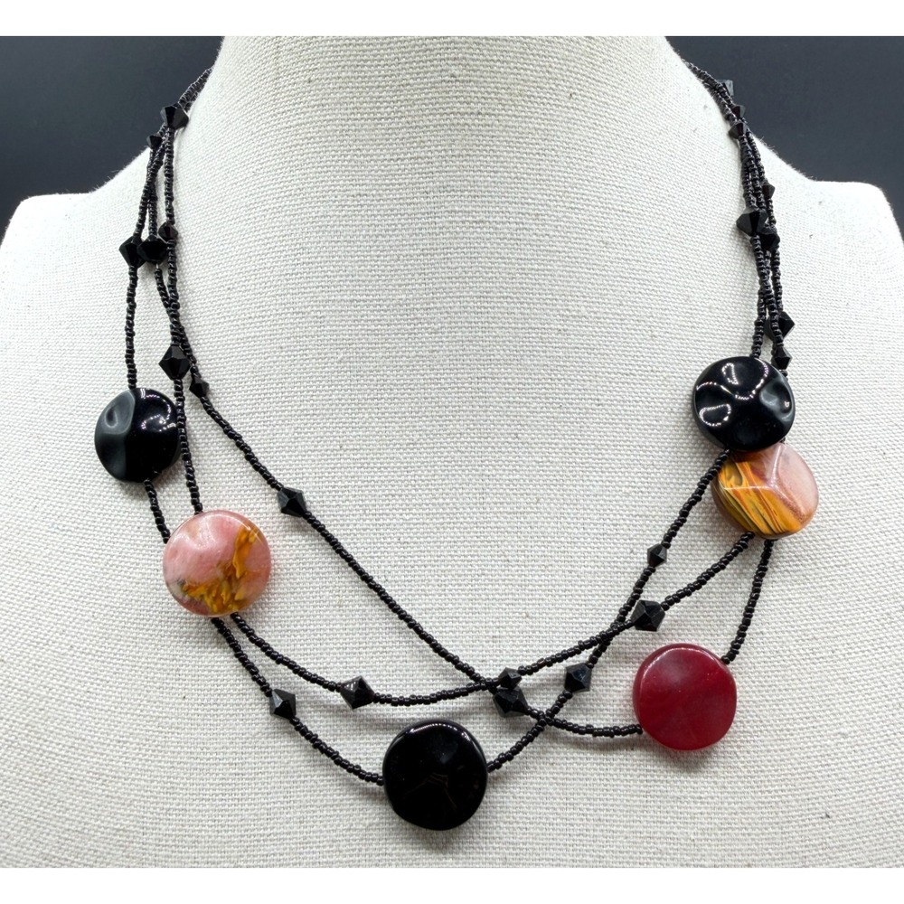 Black Red Orange Beaded Multi Strand Necklace Earrings Set Y2K Statement Gift